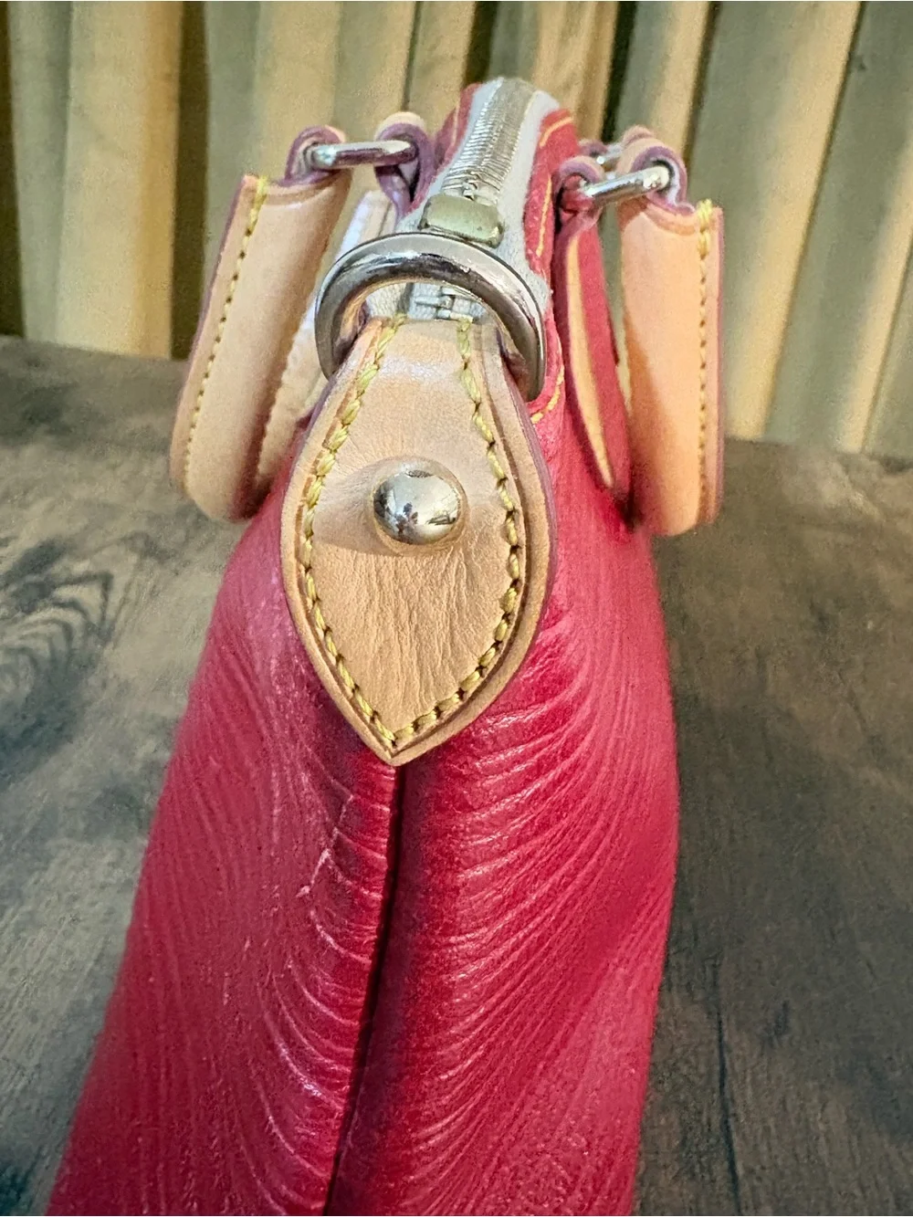 Rare Dooney & Bourke Red Leather Wave Pattern Satchel with Tan Trim